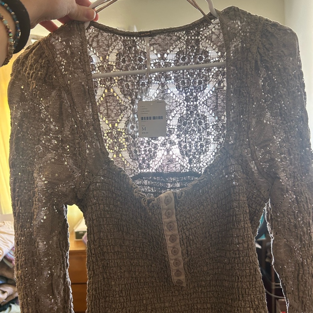 NWT Free People M smocked Confection Long Sleeve Top Lace Mushroom color - Picture 5 of 7